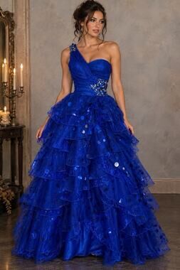 Mac Duggal Couture Cobalt Blue One Shoulder Tiered Sequin Prom Ball Gown Dress 2
